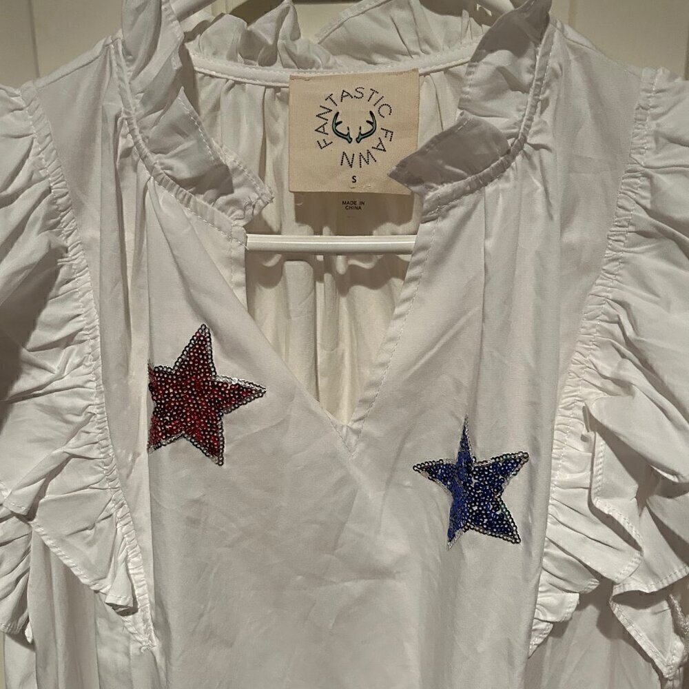 Fantastic Fawn White Ruffle Dress with Red & Blue Star Appliqués - Picture 2 of 4